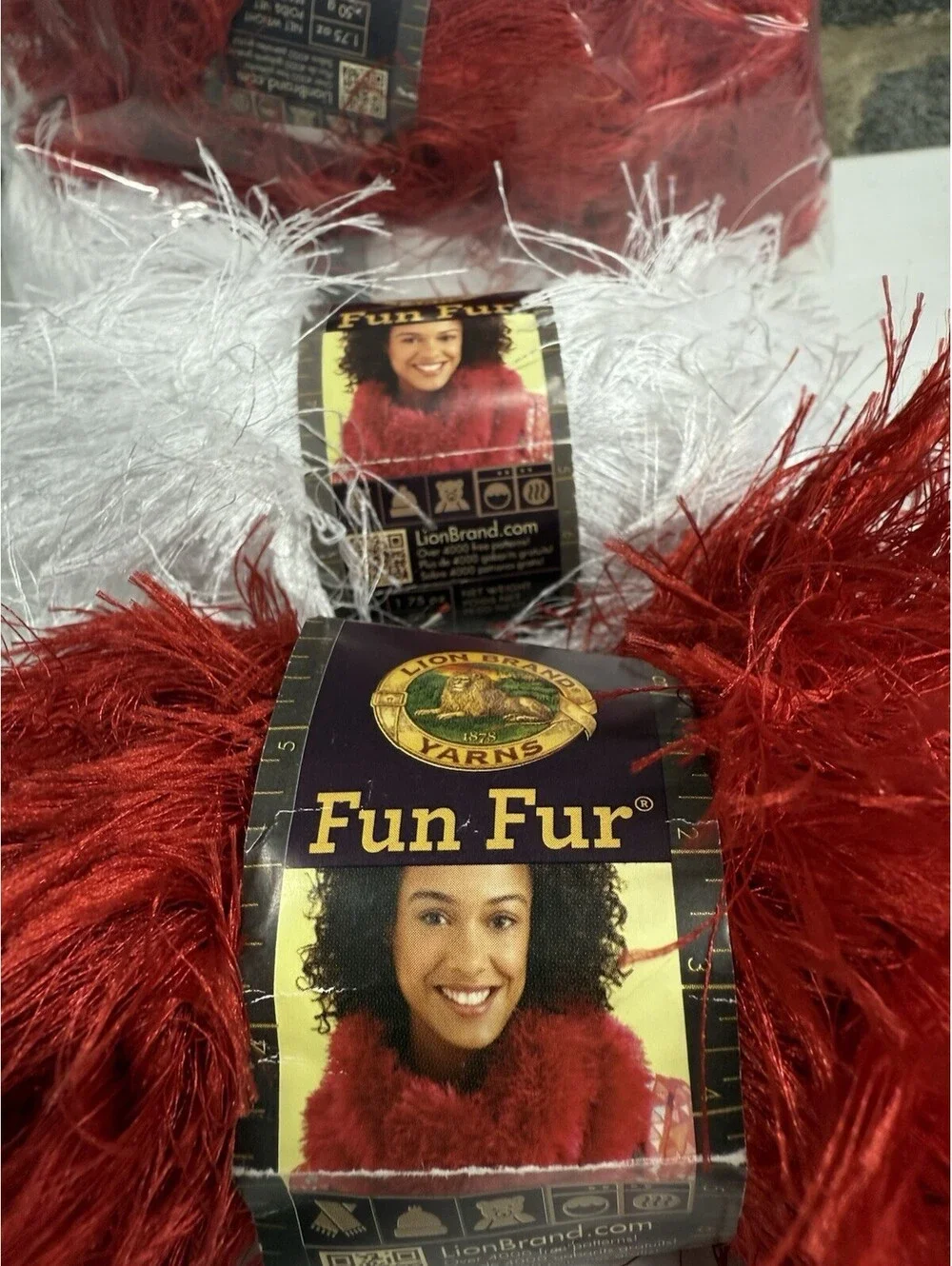 Lions Brand Yarns Fun Fur100% Polyester 2 White 5 Red 7 Skein Lot